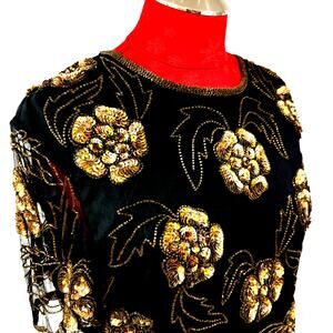 Vintage Stenay black satin blouse with gold beads and sequins dressy top OS